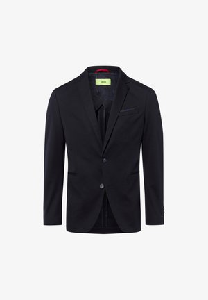 Black blazer made of smooth fabric, featuring a notch lapel, two buttons, two front pockets, and a patterned inner lining.