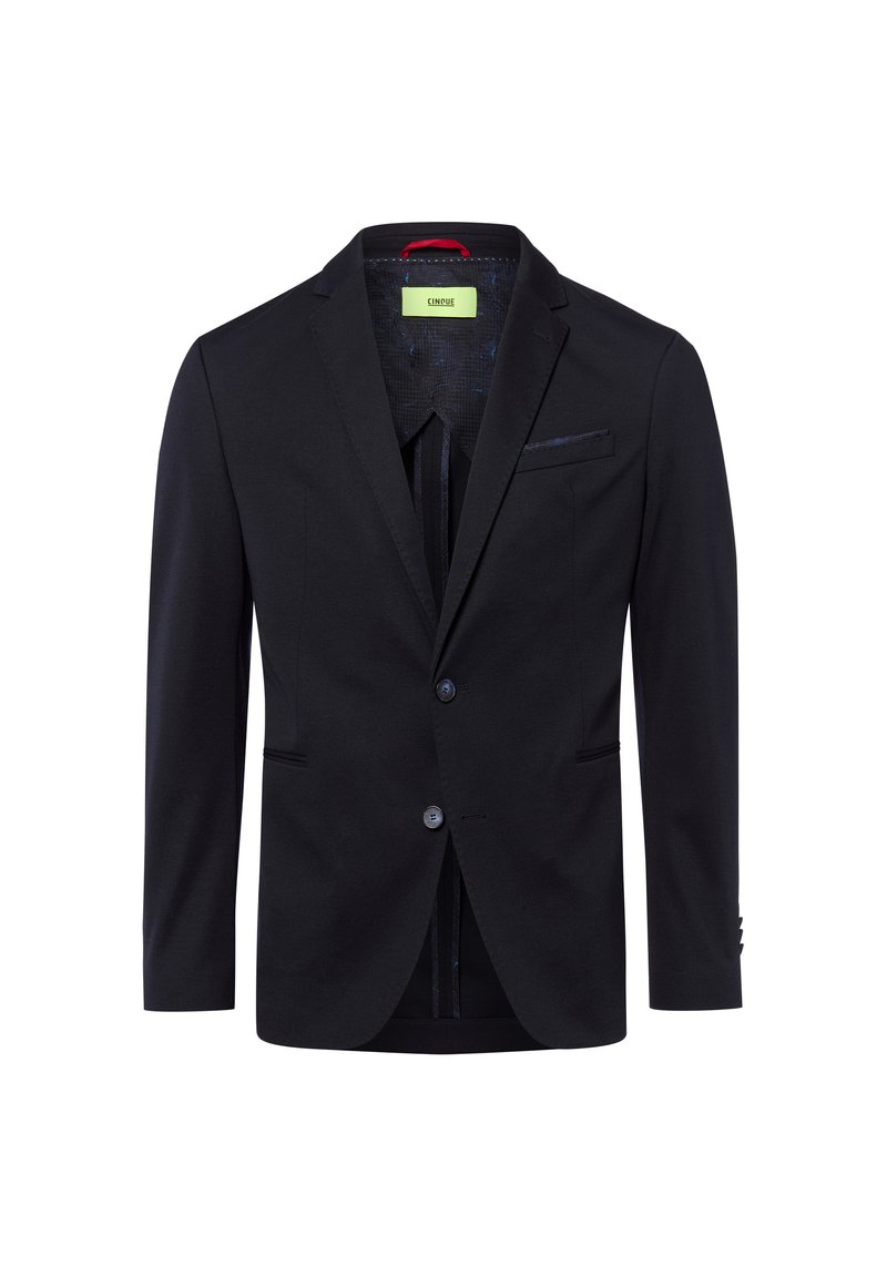 Schwarzer Blazer aus glattem Stoff mit einer Reverskragen, zwei Knöpfen, zwei Vordertaschen und einem gemusterten Innenfutter.