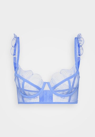 Blue sheer lace bralette with wavy pattern, adjustable straps, and scalloped edges. Soft texture and underwire support.
