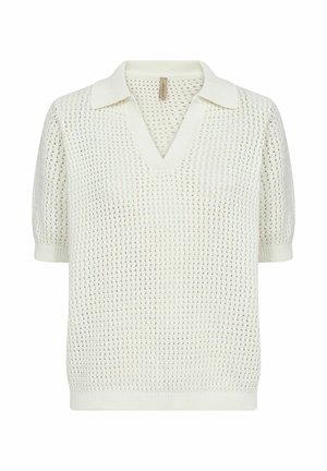 Maglione a maniche corte in bianco sporco con scollo a V e una trama aperta e testurizzata. Presenta un colletto e dei polsi a costine.