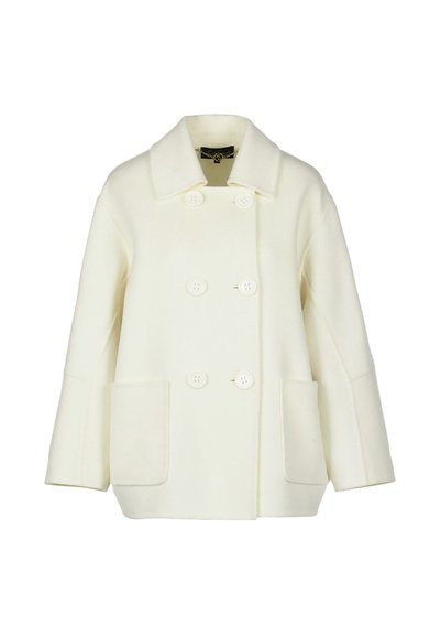 Kermakoltainen merimiestakki, joka on valmistettu paksusta villasta, jossa on lovettu kaulus, kaksirivinen napitus ja kaksi etutaskua.