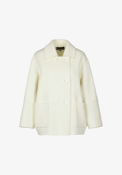 Kremkrāsas vilnas jaka ar izgriezumu, divrindu pogu aizdari un divām priekšējām kabatām.