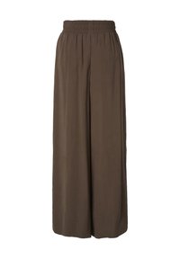 Pantalon marron à jambes larges avec taille élastique, tissu lisse et coupe ample, présenté sur un fond blanc uni.