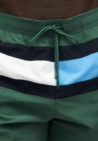 Μαγιό σορτς με πράσινη μέση και κορδονάκι, με οριζόντιες ρίγες σε πράσινο, μαύρο, λευκό και ανοιχτό μπλε υφασμάτινα πάνελ.