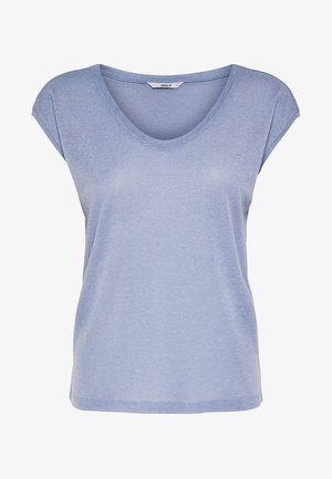 Fénykék rövid ujjú top V-nyakkivágással, strukturált, fénylő anyagból készült, laza szabással és minimális varrási részletekkel.