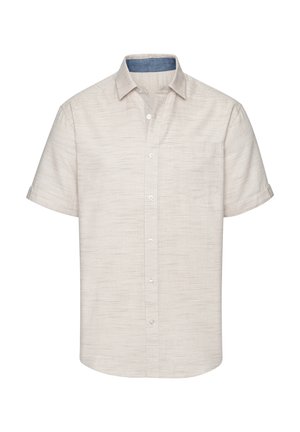 Beige Kurzarm-Hemd mit Knöpfen, Brusttasche und kontrastierendem blauen Innenkragen.
