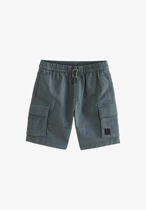 Pantaloni cargo in tessuto grigio scuro, con vita elastica e coulisse, diversi tasconi laterali e un'etichetta logo quadrata sulla gamba.