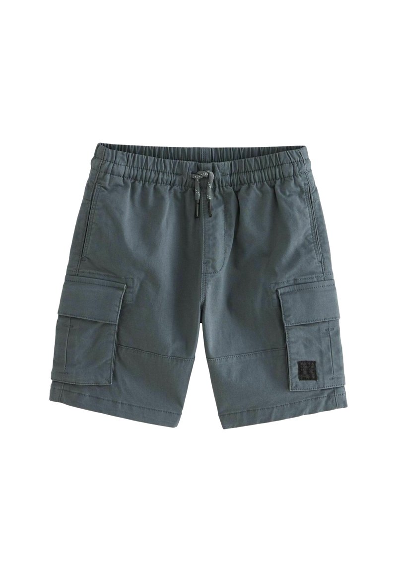 Pantaloni cargo in tessuto grigio scuro, con vita elastica e coulisse, diversi tasconi laterali e un'etichetta logo quadrata sulla gamba.