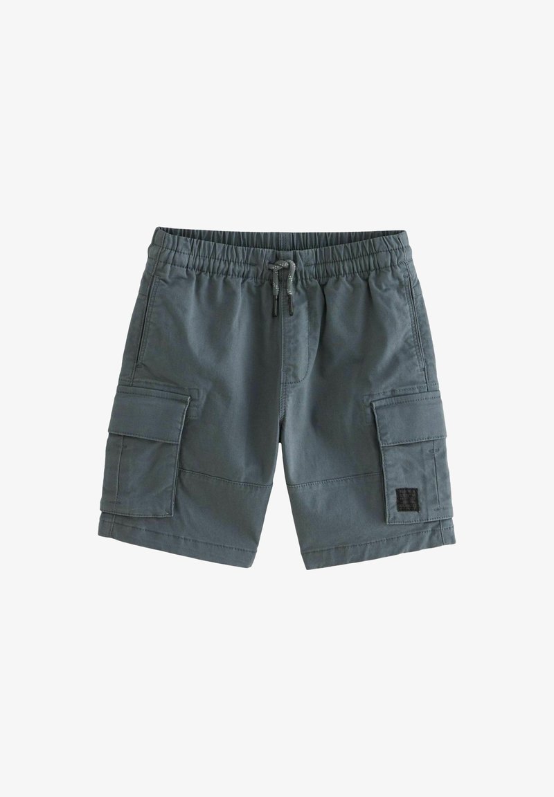 Shorts cargo en tissu gris foncé, dotés d'une ceinture élastique avec cordon de serrage, de plusieurs poches latérales et d'un écusson carré sur la jambe.
