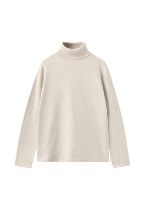 Pull à col roulé beige clair à manches longues en tissu tricoté doux avec un col ajusté et une coupe décontractée.