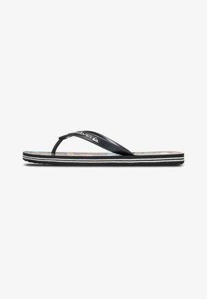 Black flip-flop with textured footbed featuring a colorful pattern, thin black straps, and white accent stripes on the sole.