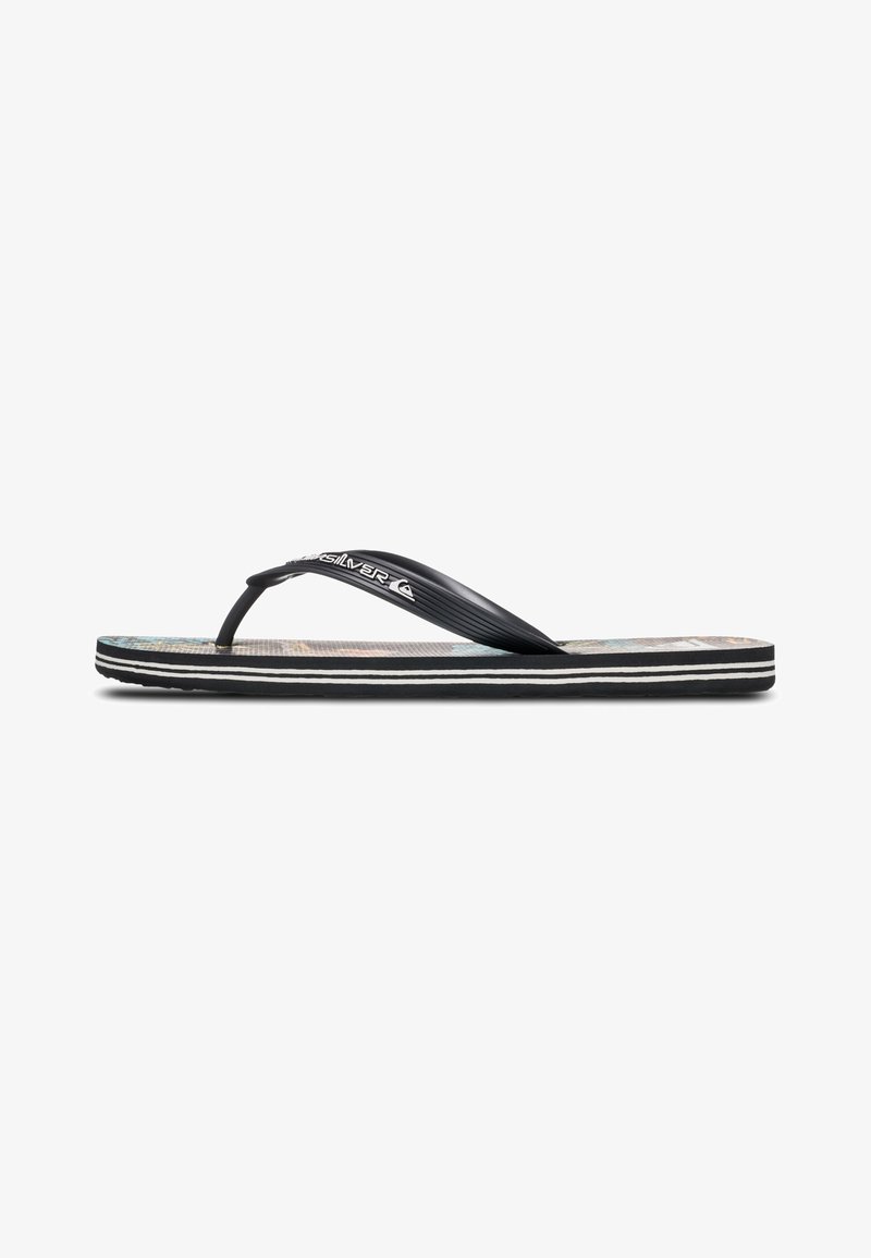 Black flip-flop with textured footbed featuring a colorful pattern, thin black straps, and white accent stripes on the sole.