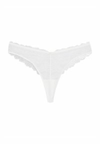 White lace thong featuring a floral pattern, scalloped edges, and a center back closure with a small gold button detail.