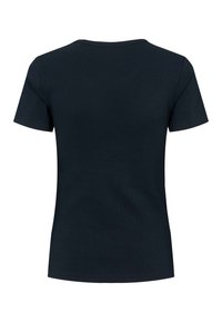 Tummansininen ribbineulottu t-paita, jossa on lyhyet hihat, teksturoitu kangas ja pyöreä pääntie. Takakuvassa näkyy saumaton malli, jossa on hieman joustavuutta.