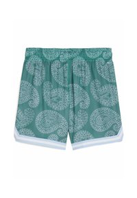 Groene mesh shorts met een wit paisleypatroon, een elastische tailleband en een contrasterende lichtblauwe bies aan de onderrand.