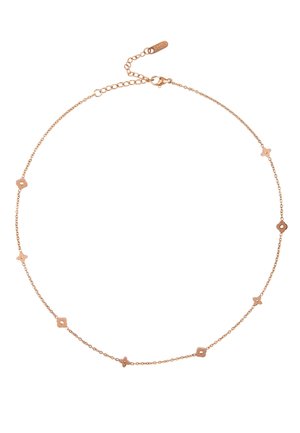 Collier délicat en chaîne de couleur or rose avec de petites breloques en forme de fleurs régulièrement espacées et un fermoir homard avec des maillons réglables.