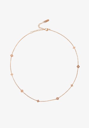 Collier délicat en chaîne de couleur or rose avec de petites breloques en forme de fleurs régulièrement espacées et un fermoir homard avec des maillons réglables.