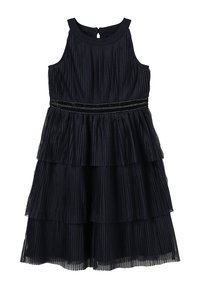 Mouwloze zwarte geplooide jurk met gelaagde rok en bewerkte tailleband, met een ronde halslijn en knoopsluiting aan de achterkant.