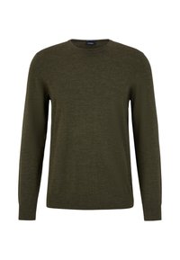 Olive green long-sleeve sweater. Ribbed neckline and cuffs. Soft, textured fabric. Simple design, no visible patterns or logos. Regular fit.