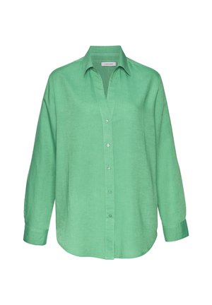 Green linen long-sleeve shirt with a V-neck, button front, and curved hem. Soft texture and relaxed fit. Suitable for casual wear.
