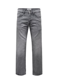 Jean denim gris coupe droite avec poches avant, passants pour ceinture, fermeture par bouton et étiquette de marque sur la ceinture.