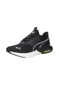 Schwarze Sportschuhe mit Mesh-Obermaterial, weißen Akzenten und grüner Luftpolsterung, ausgestattet mit einem strukturierten Design und Schnürsystem.