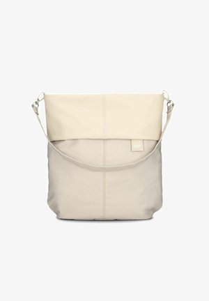 Borsa beige da spalla con sezione superiore liscia e opaca e sezione inferiore testurizzata. Presenta una tracolla piatta e un dettaglio di logo discreto.