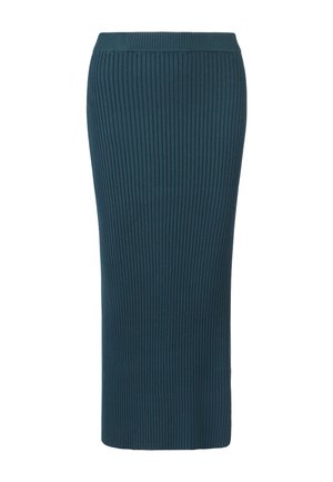 Gestreifter, langer tealfarbener Rock in taillierter Form mit einem elastischen Bund. Glatte Textur mit vertikalen Linien, die ein strukturiertes Aussehen verleihen.