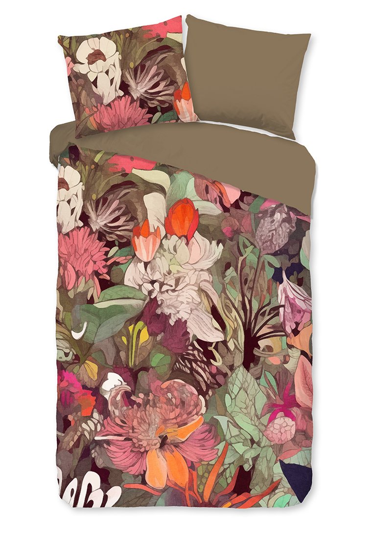 Blumiges Bettwäscheset mit einem farbenfrohen Design, das große Blumen in verschiedenen Pink-, Orange-, Grün- und Dunkelbraun-Tönen zeigt, ergänzt durch passende akzentuierende Elemente in einfarbigem Braun.