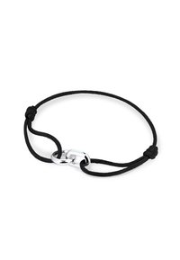 Black cord bracelet with a silver link clasp; features braided texture and adjustable knots at each end for sizing versatility.