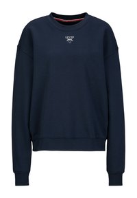 Marineblauwe sweatshirt van zacht materiaal, met een ronde halslijn, ribgebreide manchetten en onderkant, en een klein logo op de borst.