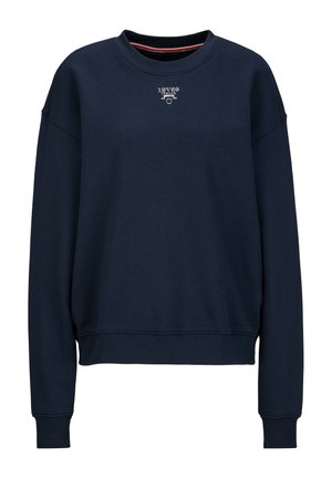 Marineblauwe sweatshirt van zacht materiaal, met een ronde halslijn, ribgebreide manchetten en onderkant, en een klein logo op de borst.