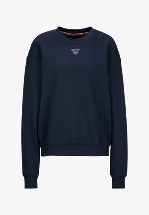 Marineblauwe sweatshirt van zacht materiaal, met een ronde halslijn, ribgebreide manchetten en onderkant, en een klein logo op de borst.