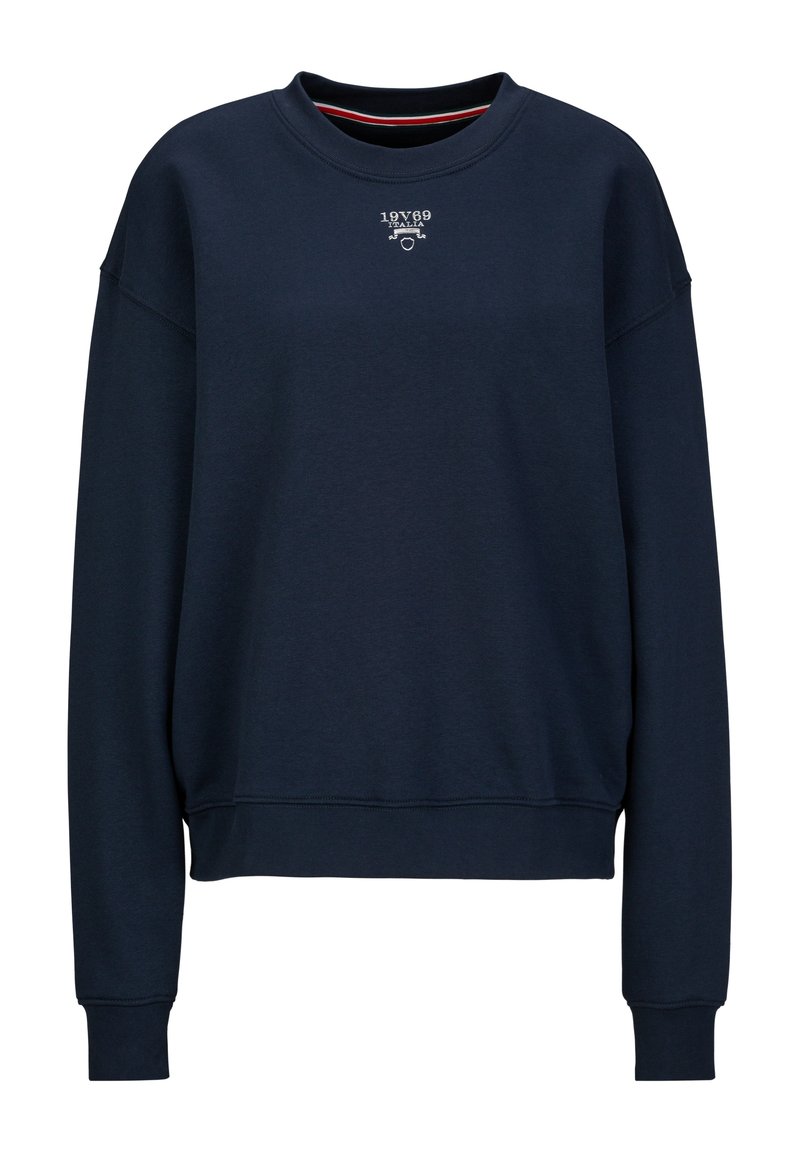 Marineblauwe sweatshirt van zacht materiaal, met een ronde halslijn, ribgebreide manchetten en onderkant, en een klein logo op de borst.