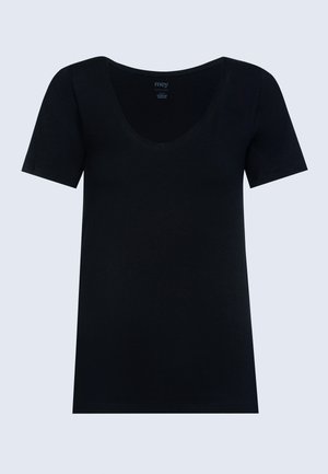 Zwarte T-shirt met korte mouwen en een brede V-hals, gemaakt van zachte stof, met een normale pasvorm. Geen zichtbare patronen of hardwaredetails.