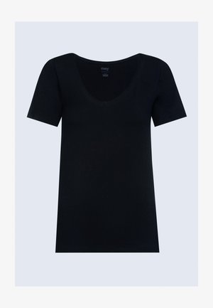 Zwarte T-shirt met korte mouwen en een brede V-hals, gemaakt van zachte stof, met een normale pasvorm. Geen zichtbare patronen of hardwaredetails.