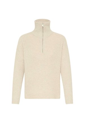 Jersey de punto acanalado beige con un cuello alto y cremallera de meia longitud, que cuenta con mangas largas y un acabado texturizado.