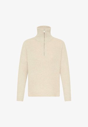 Pull en tricot côtelé beige avec un col haut et une fermeture éclair mi-longue, doté de manches longues et d'une finition texturée.