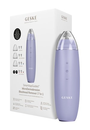 Désincrustant pour points noirs microdermabrasion à la lavande GESKE avec embout d'aspiration transparent, montrant l'emballage et des illustrations du niveau d'intensité.