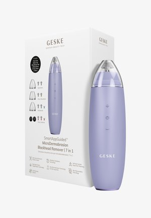 Désincrustant pour points noirs microdermabrasion à la lavande GESKE avec embout d'aspiration transparent, montrant l'emballage et des illustrations du niveau d'intensité.