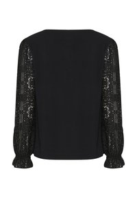 Czarna bluzka z gładkim przodem, długimi koronkowymi rękawami o misternych wzorach, bufkami oraz dekoltem w łódkę.