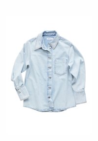 Light blue denim shirt with button-up front, spread collar, long sleeves, and single chest pocket. Features visible stitching and buttons.