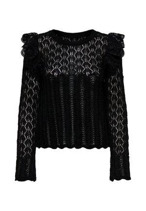 Blusa nera a maniche lunghe in pizzo con intricati motivi geometrici e dettagli arricciati sulle spalle, orlo e polsini scallop.