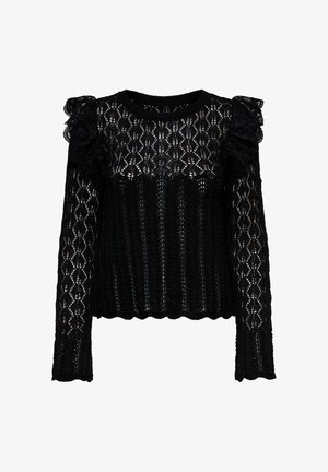 Svart langermet bluse i blonde med intrikate geometriske mønstre og volanger på skuldrene, bølgeformet kant og mansjetter.