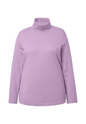 Top a maniche lunghe con collo alto in viola chiaro, realizzato in tessuto morbido. Presenta un collo aderente e un design semplice e liscio senza motivi.