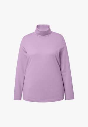 Top a maniche lunghe con collo alto in viola chiaro, realizzato in tessuto morbido. Presenta un collo aderente e un design semplice e liscio senza motivi.