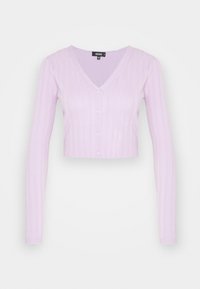 Lilac cropped cardigan with long sleeves, V-neck, and button closure, featuring a ribbed texture throughout the fabric.