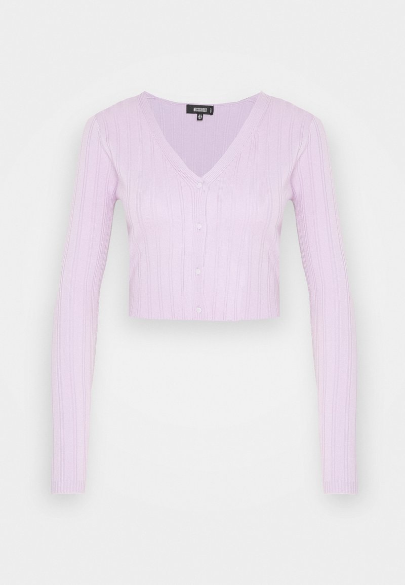 Lilac cropped cardigan with long sleeves, V-neck, and button closure, featuring a ribbed texture throughout the fabric.
