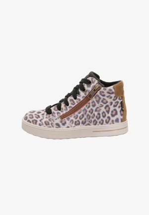 High-top sneakers with a leopard print pattern in shades of grey, brown, and black. Features a side zipper and black laces. Suede accents.