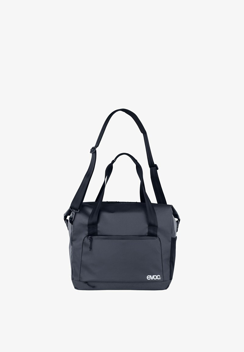 Borsa da viaggio in tessuto grigio scuro con doppi manici e tracolla regolabile. Dotata di una tasca frontale con cerniera e marchio discreto. Materiale resistente.